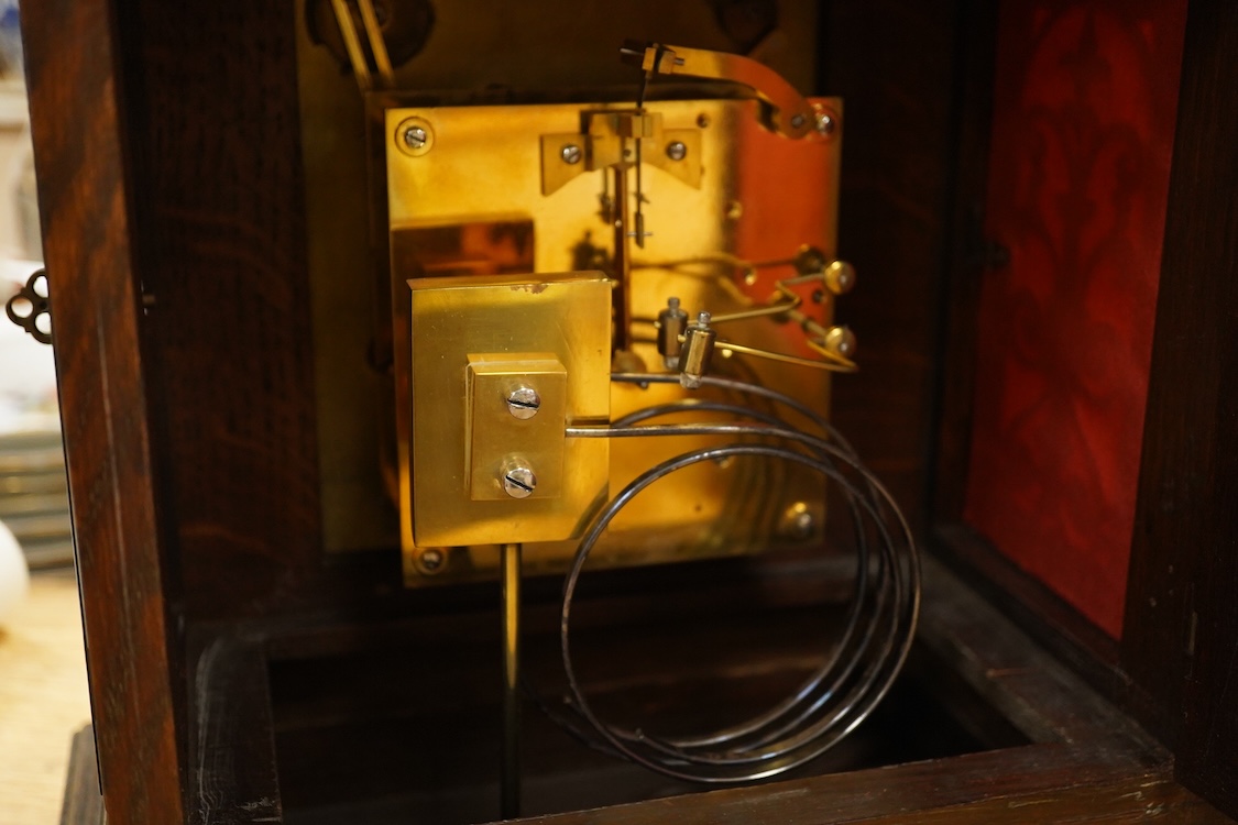 A mahogany 19th century German two train mantel clock, striking on two coiled gongs, 41cm high.